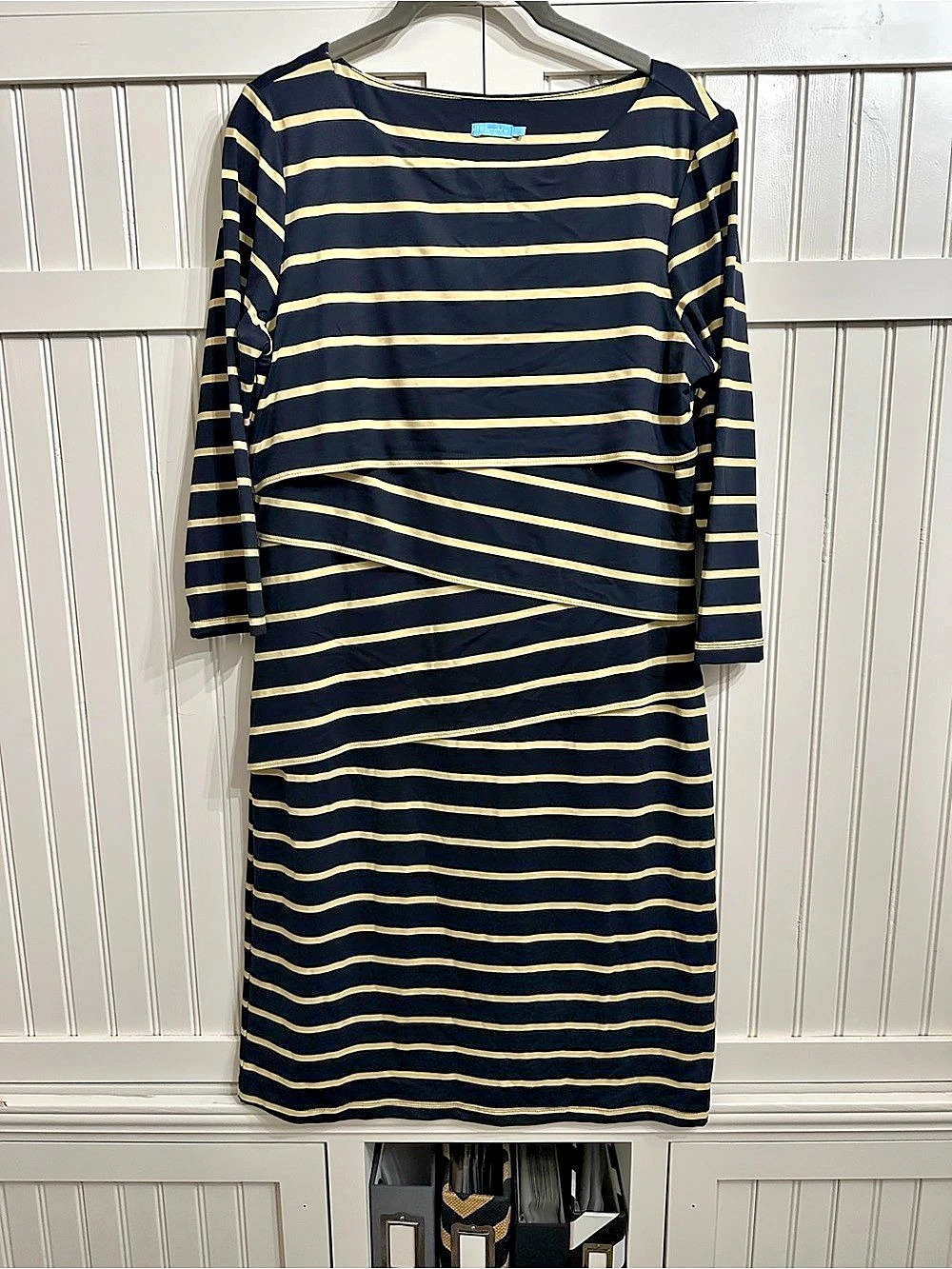 J. McLaughlin Striped Midi Dress Dark Navy Blue/Black & Yellow Size Large